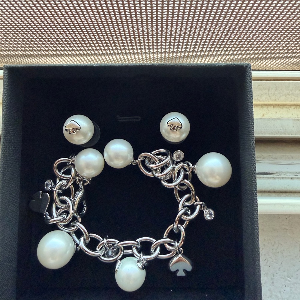 Kate Spade Silver and White Pearl Bracelet and Earring Set
